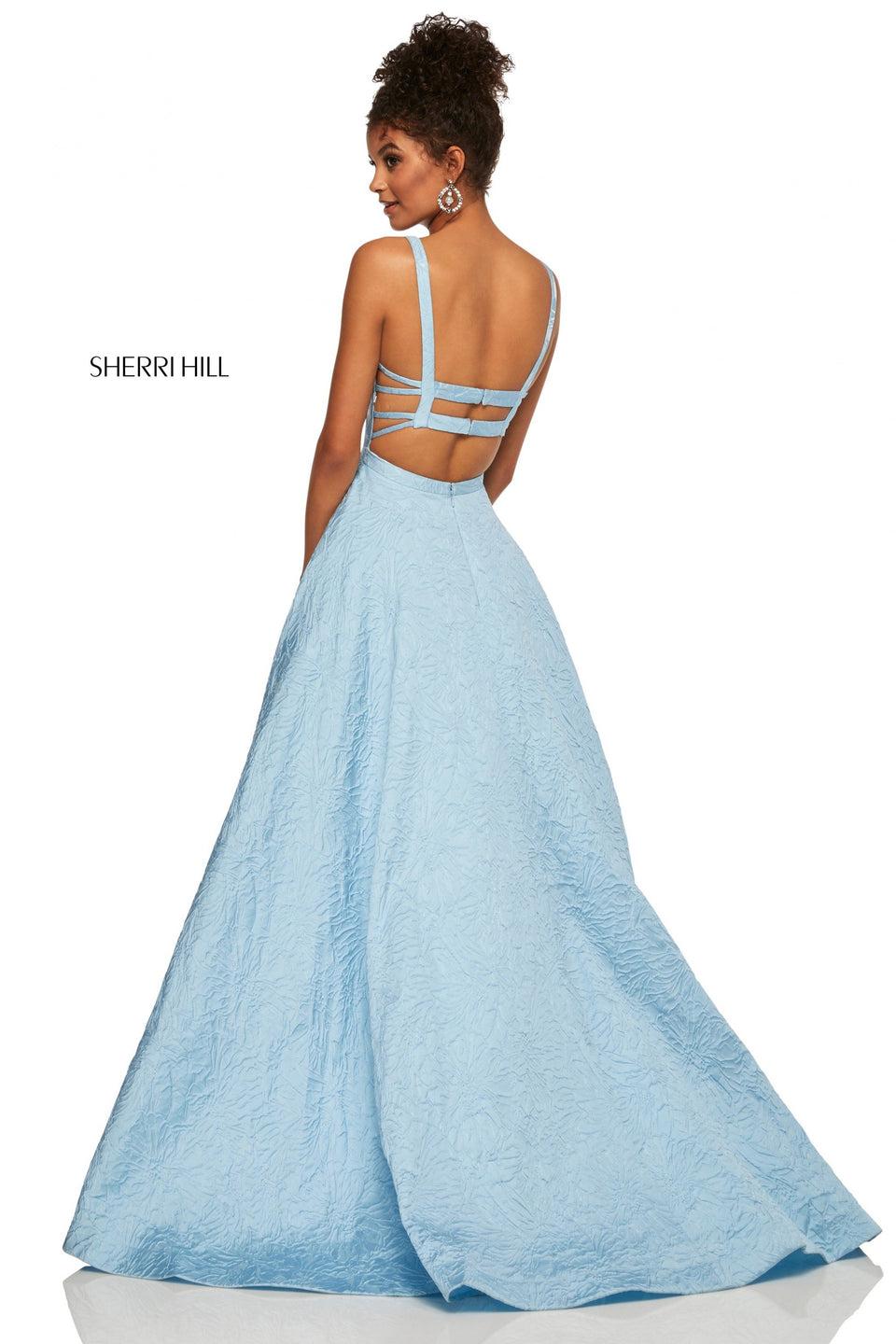 Sherri Hill Light Blue Brocade Ball Gown With Double Straps In The Back