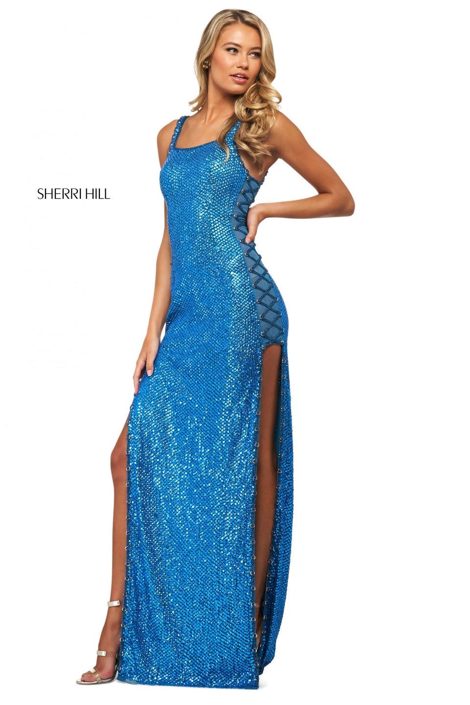Sherri Hill Liquid Sequins Column Dress With Wide High Side Slits And Beading And Grommet Detailing On The Sides