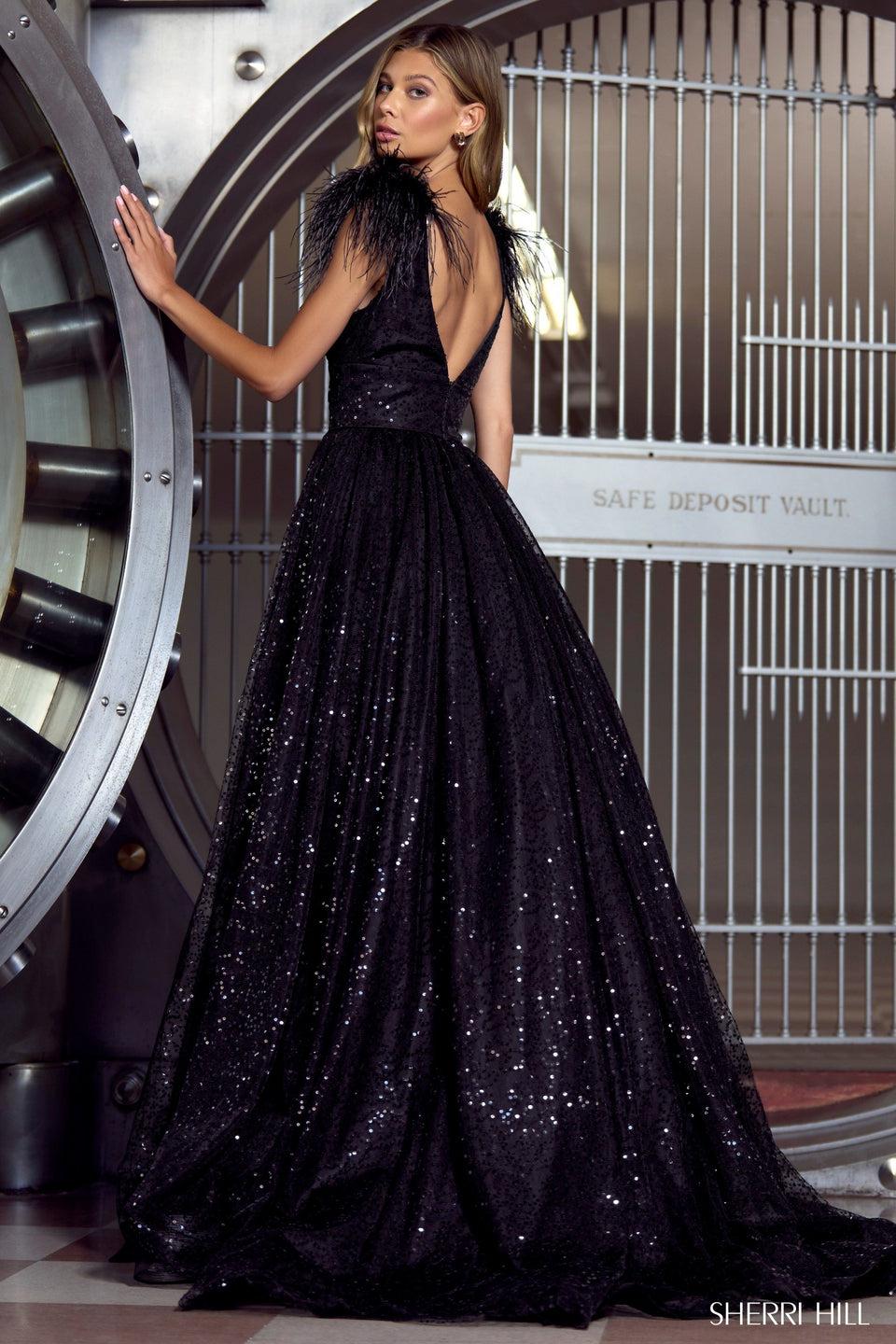 Sherri Hill Long Sequin Tulle Ballgown With Feather On Shoulder Sleeve And Skirt Slit
