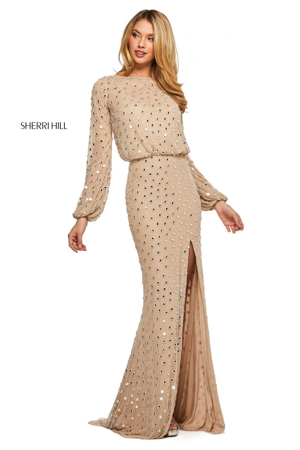 sherri hill Long sleeve chiffon dress with shisha embroidery blousson top with keyhole back and skirt slit sherri hill Long sleeve chiffon dress with shisha embroidery blousson top with keyhole back and skirt slit
