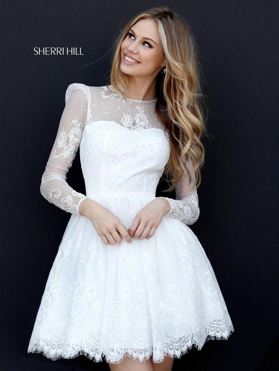 Sherri Hill Long Sleeve Lace Appliqued Cocktail With A-line Skirt