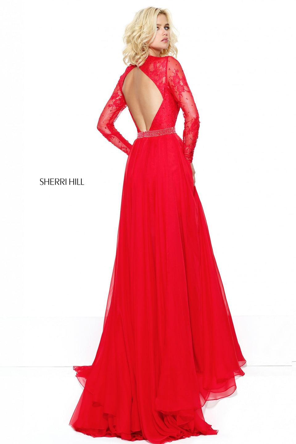 Sherri Hill Long Sleeve Lace Cocktail With A Chiffon Over Skirt And Beaded Waist Band
