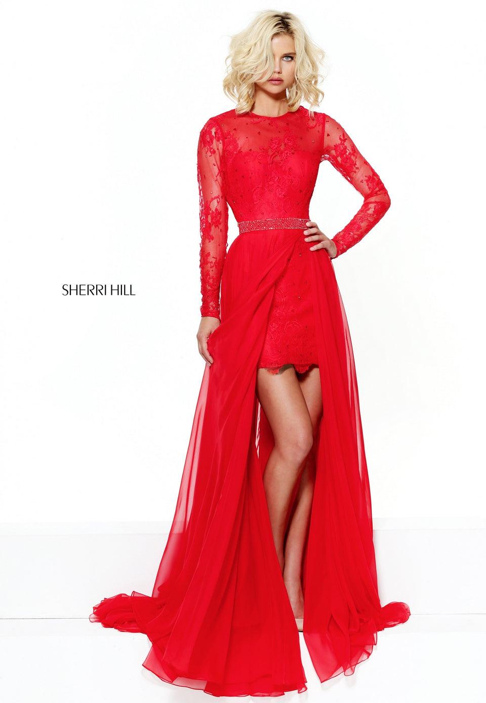 Sherri Hill Long Sleeve Lace Cocktail With A Chiffon Over Skirt And Beaded Waist Band