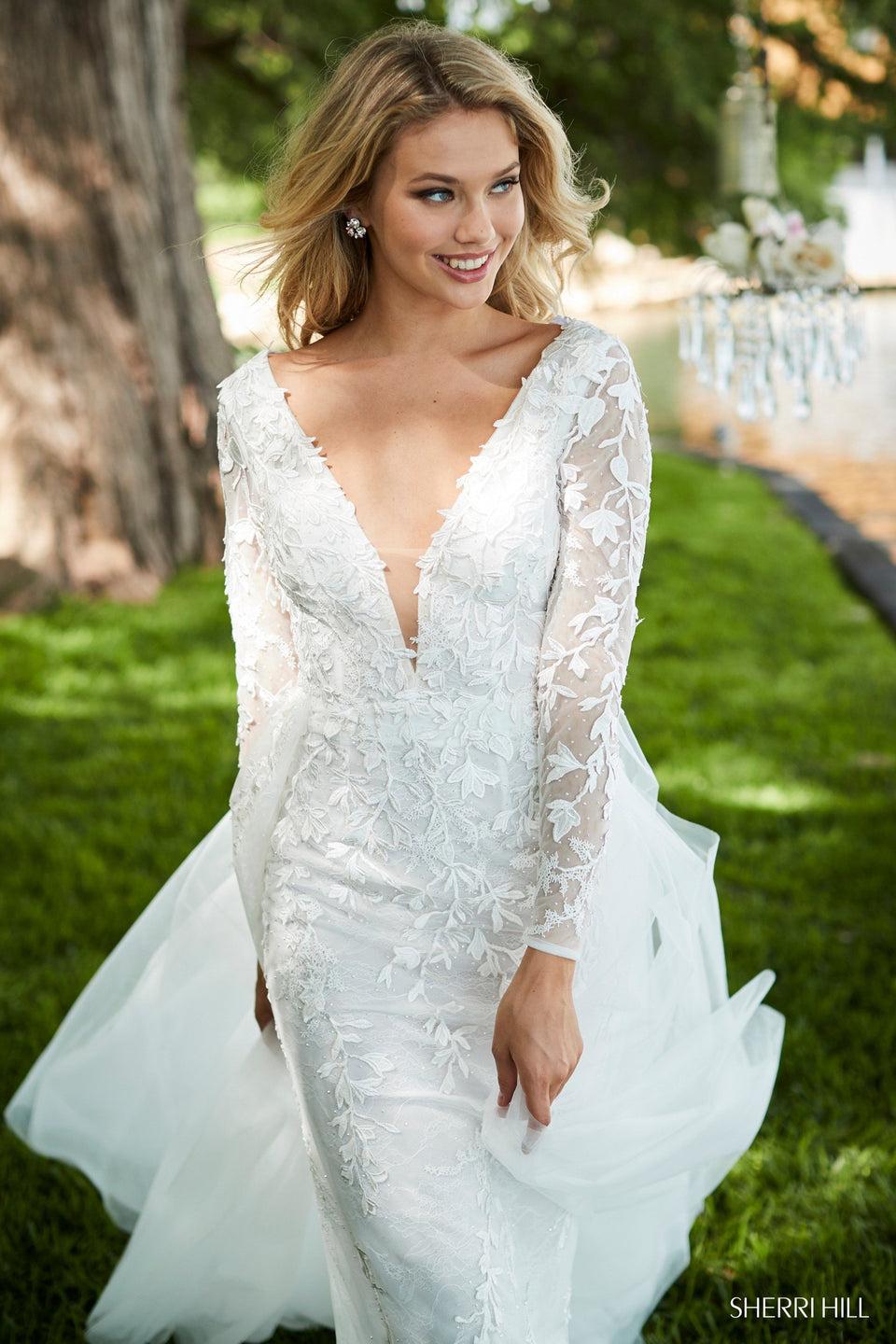 sherri hill Long sleeve lace fitted gown with a tulle over skirt sherri hill Long sleeve lace fitted gown with a tulle over skirt