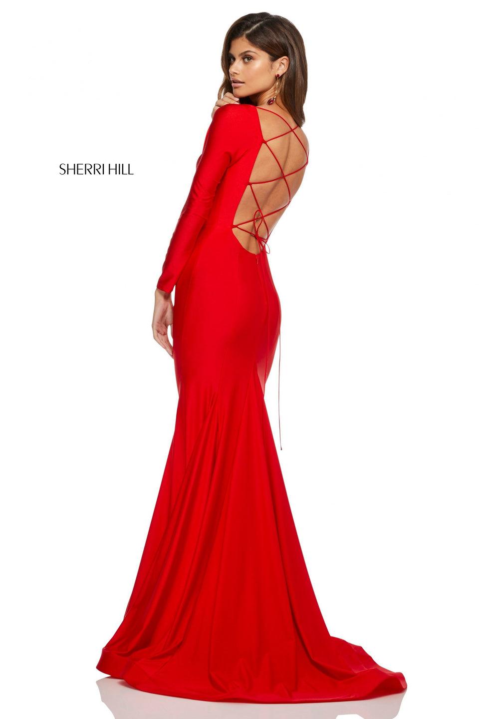sherri hill Long sleeve satin fit-and-flare with lace up back sherri hill Long sleeve satin fit-and-flare with lace up back