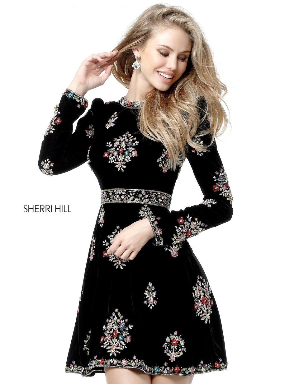 Sherri Hill Long Sleeve Velvet Cocktail With Bead Appliques