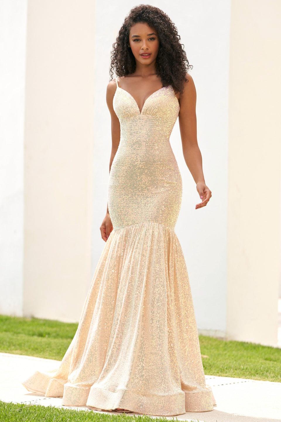 sherri hill Machine sequin mermaid gown with sweetheart neckline and open back
