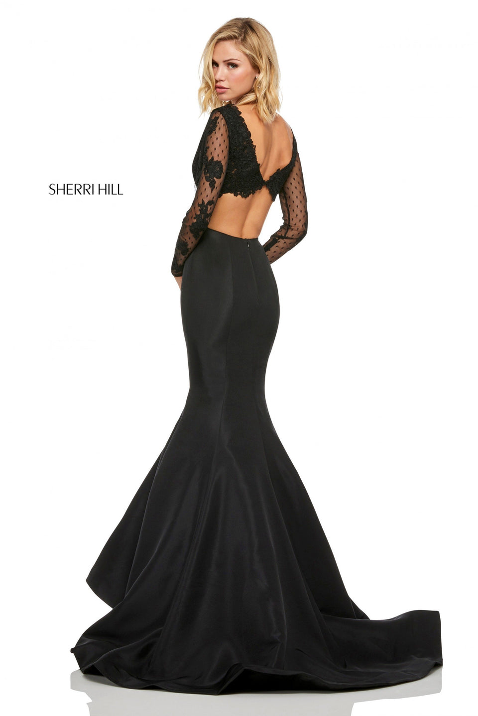 Sherri Hill Mermaid Dress With Lace Long Sleeve Plunging Neckline Bodice With Open Back
