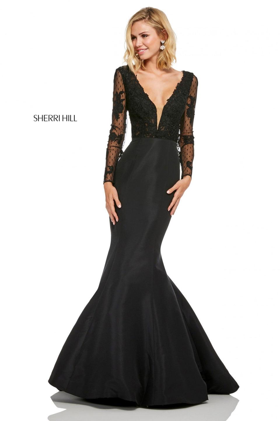 sherri hill Mermaid dress with lace long sleeve plunging neckline bodice with open back