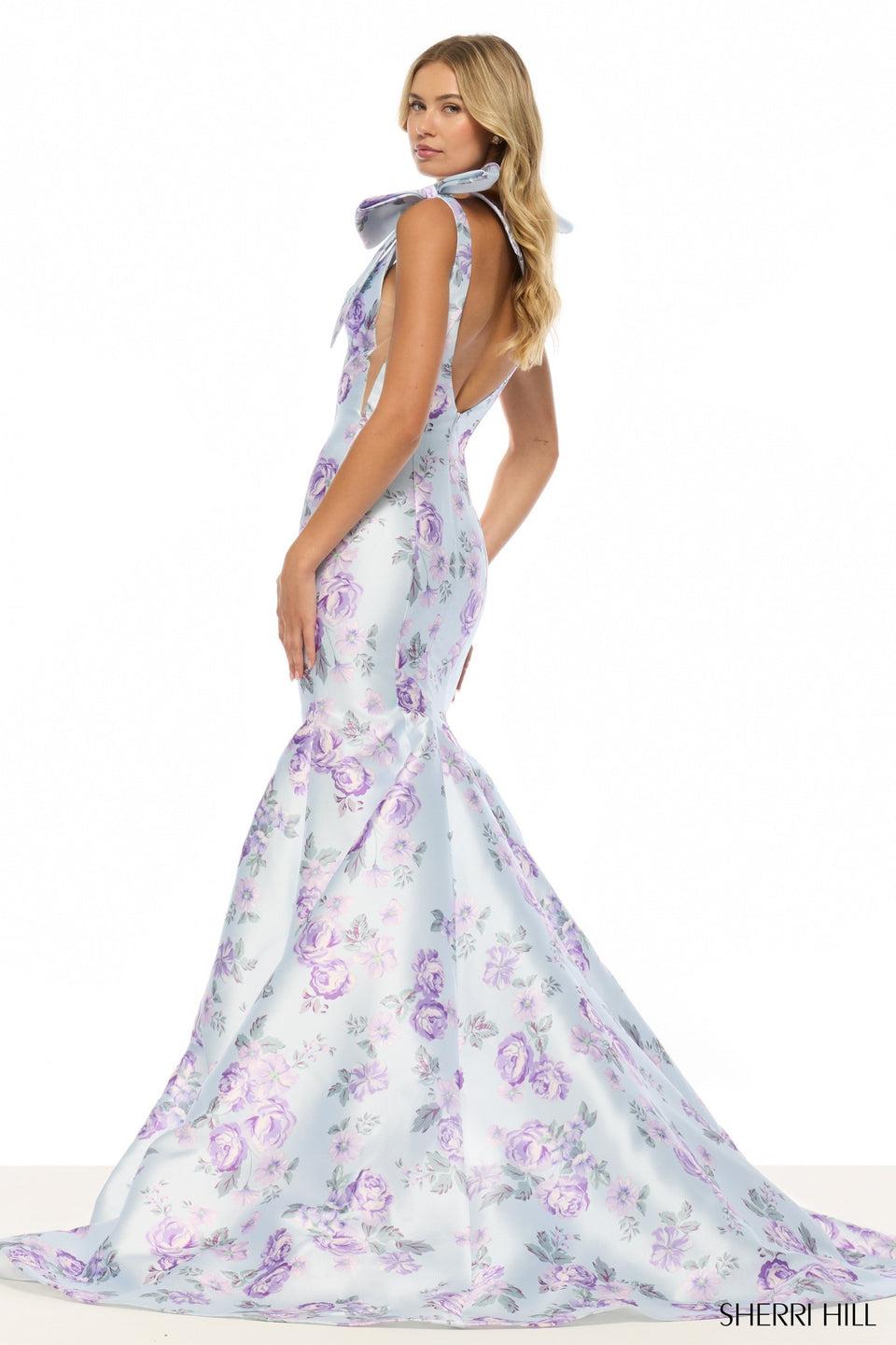 Sherri Hill Mermaid Floral Gown With Deep V Neckline And Bows On Shoulder