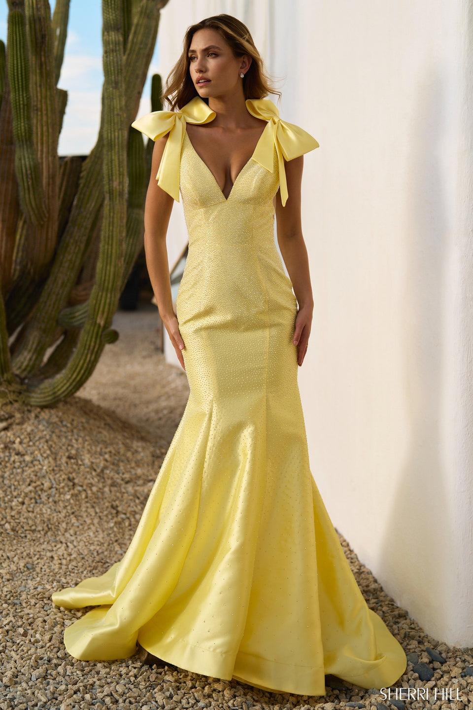 sherri hill Mermaid hot fix taffeta gown with bow straps