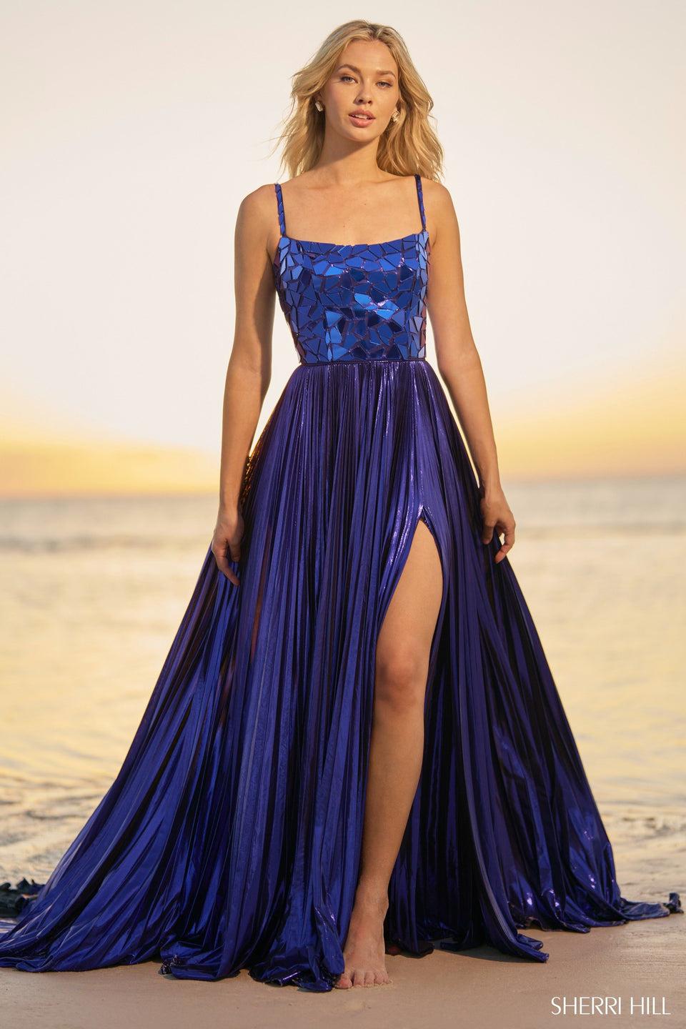 sherri hill Metallic A-line gown with cut glass bodice and a lace up back sherri hill Metallic A-line gown with cut glass bodice and a lace up back
