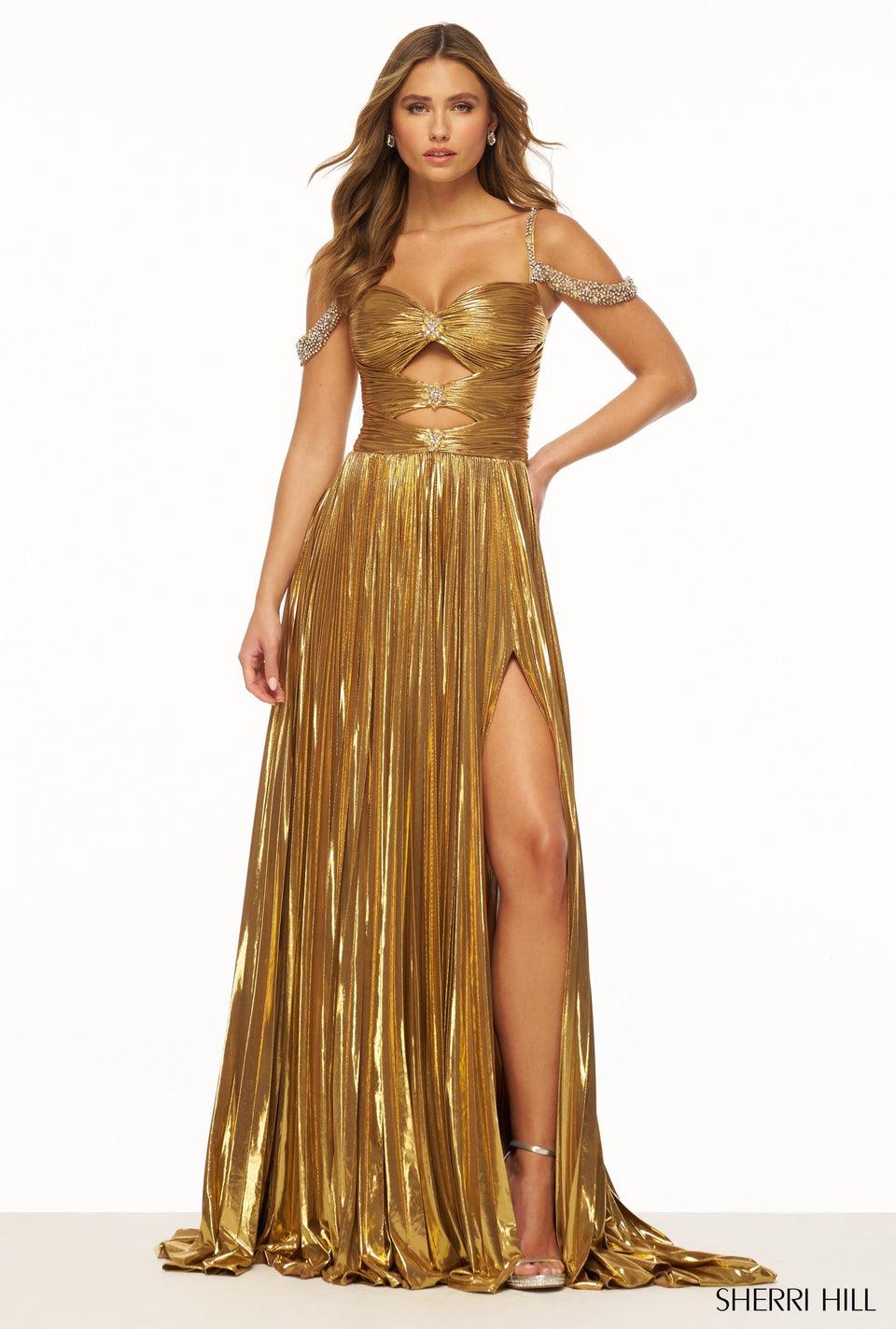 sherri hill Metallic A-Line gown with key hole bodice beaded off the shoulder straps pleated skirt and a high slit