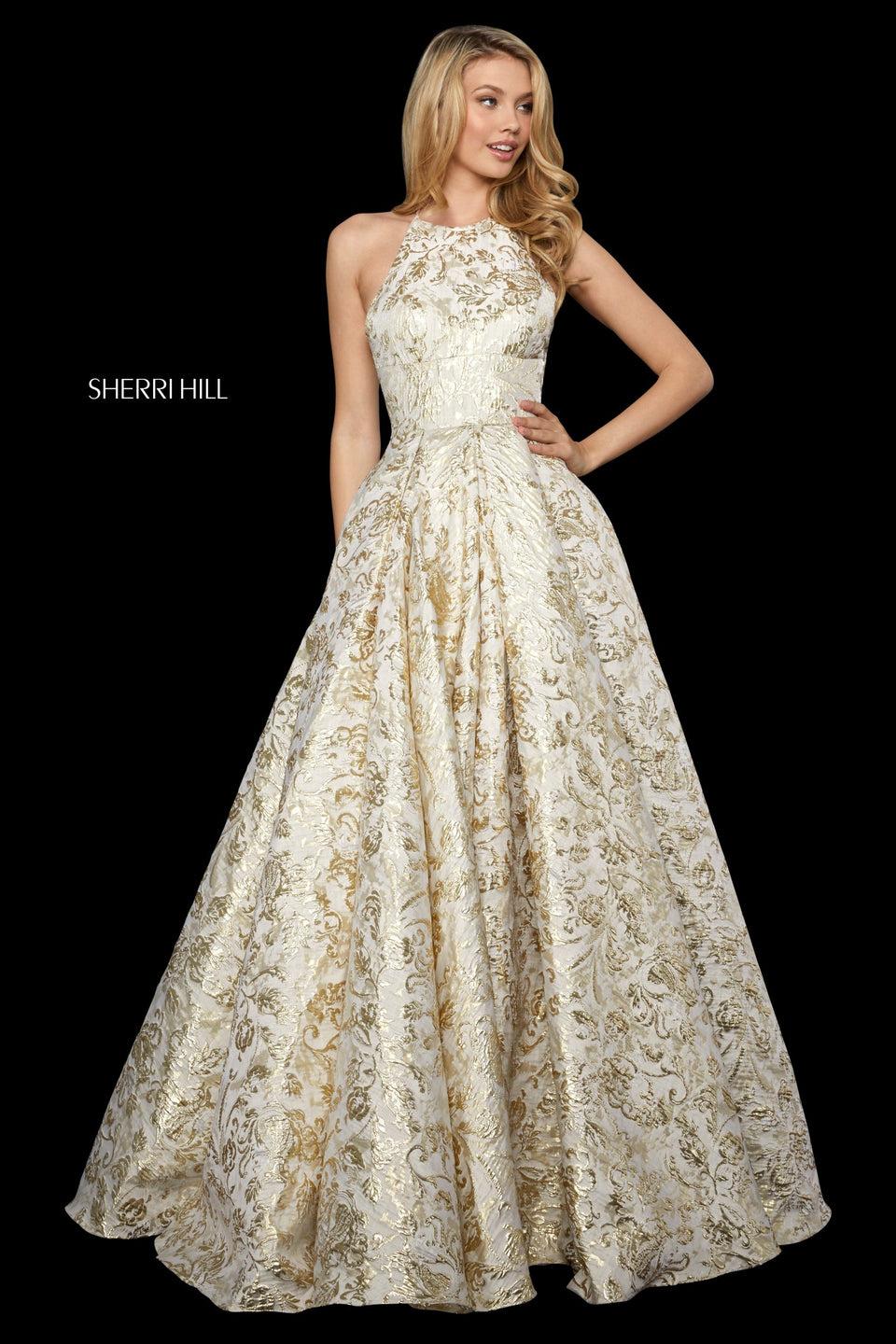 Sherri Hill Metallic Brocade Ball Gown With Halter Neckline Pockets And Corset Style Lace Up Back