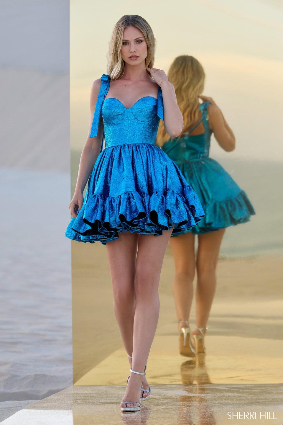 Sherri Hill Metallic Brocade Cocktail Dress With A Sweetheart Neckline Bow Sleeves And Ruffle Hem