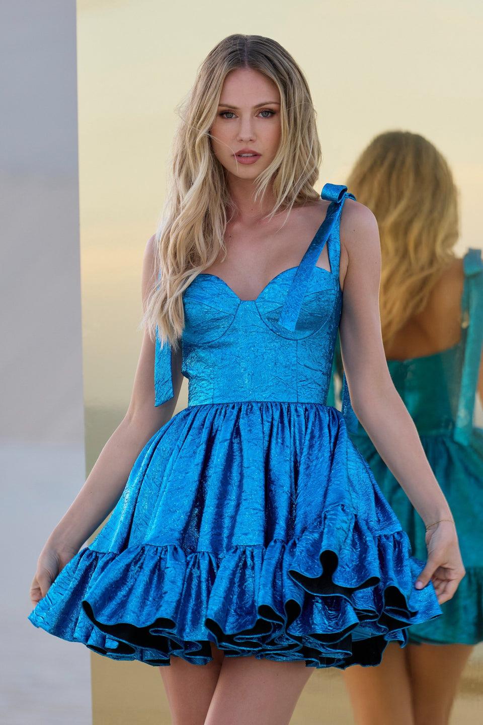 sherri hill Metallic brocade cocktail dress with a sweetheart neckline bow sleeves and ruffle hem sherri hill Metallic brocade cocktail dress with a sweetheart neckline bow sleeves and ruffle hem