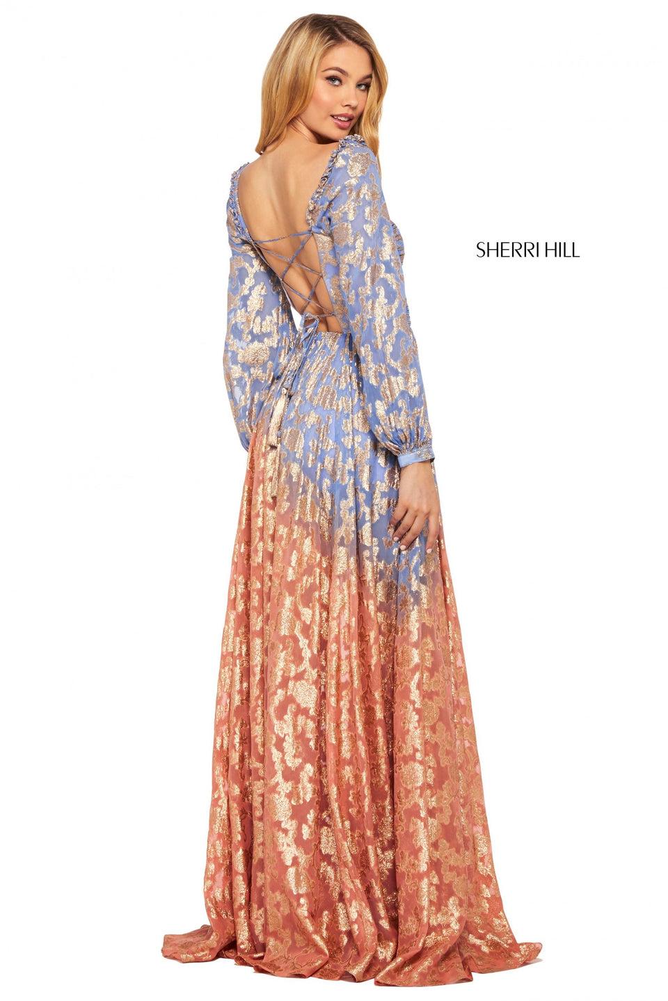 Sherri Hill Metallic Cross Dyed Chiffon Gown With Ruched Bodice Long Bishop Sleeves Lace Up Back And Ruffle Trim On Shoulders