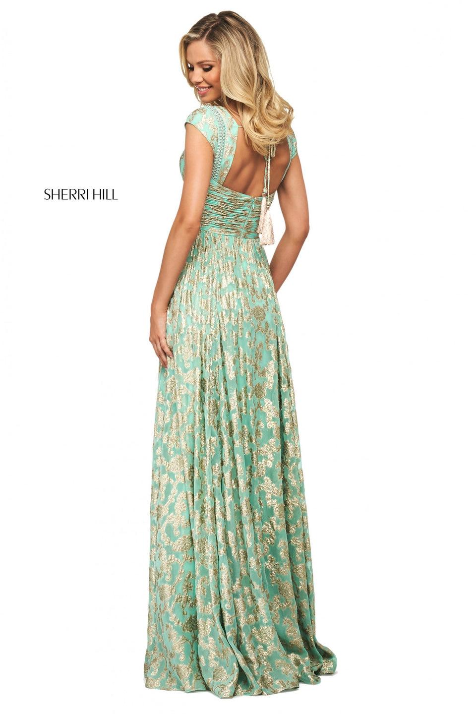 Sherri Hill Metallic Cross Dyed Gown With Bateau Neckline Cap Sleeve Bodice Ruched Waistband And Tassel Tie