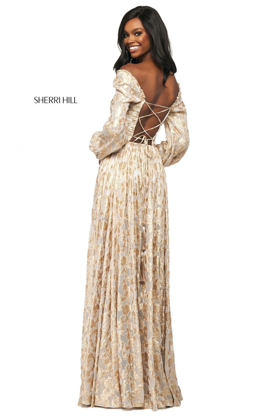 Sherri Hill Metallic Cross Dyed Gown With Ruched Bodice Bishop Sleeves And Lace Up Back