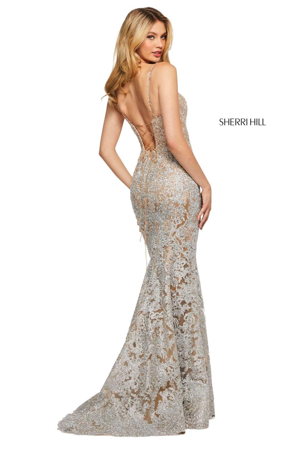 Sherri Hill Metallic Embroidered Lace Mermaid Gown With Sweetheart Neckline And Lace Up Back