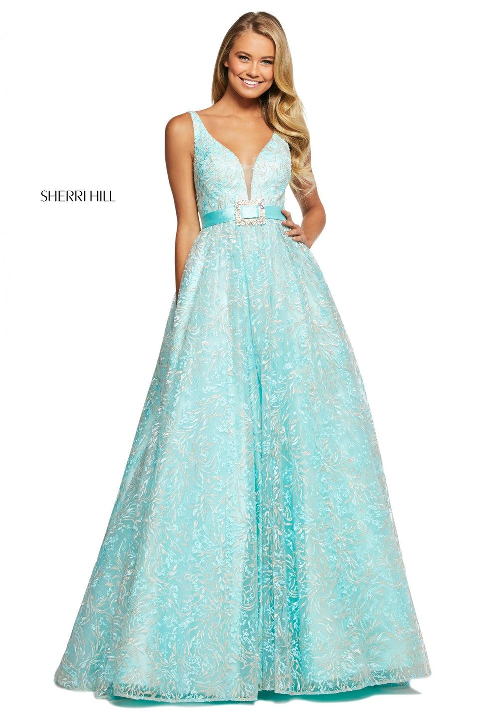 sherri hill Metallic embroidered organza ball gown with embellished buckle belt and plunging neckline and back