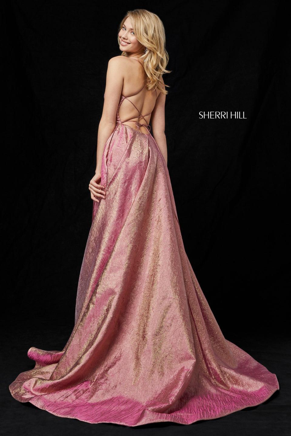 Sherri Hill Metallic Gown With Lace Up Back And Slit Skirt