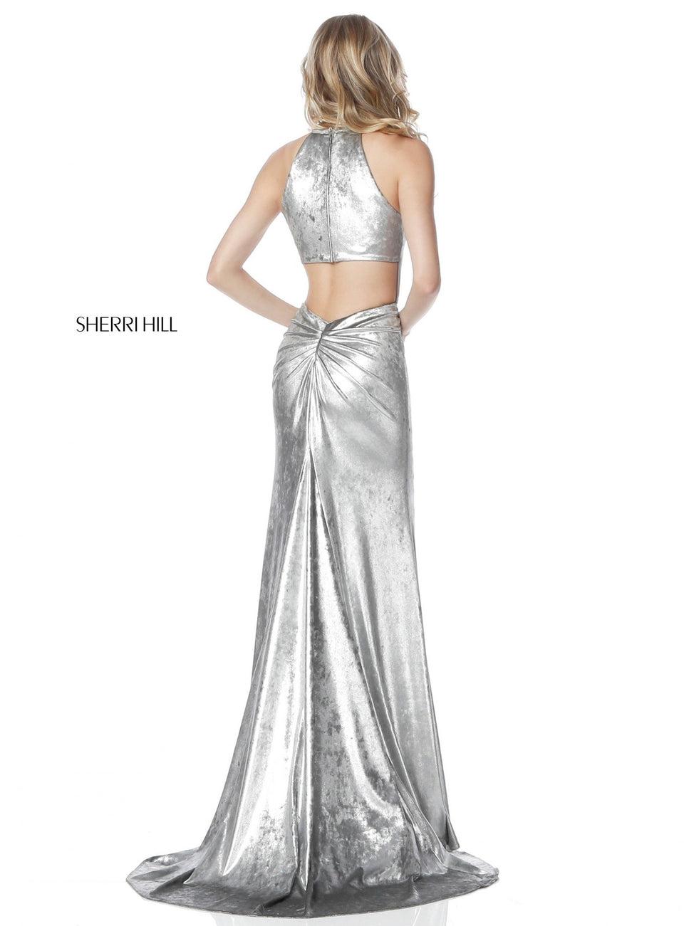 Sherri Hill Metallic Jersey Gown With Halter Bodice And Cut Out Back