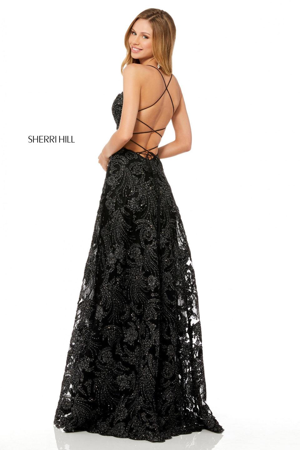 sherri hill Metallic lace A-line gown with spaghetti straps and lace up back