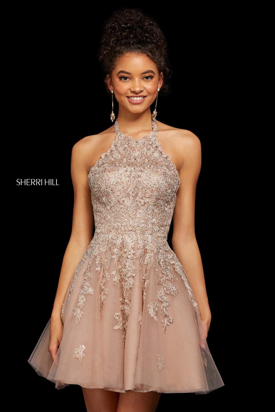 Sherri Hill Metallic Lace And Tulle A-line Cocktail Dress With Sweetheart Neckline And Corset Style Lace Up Back