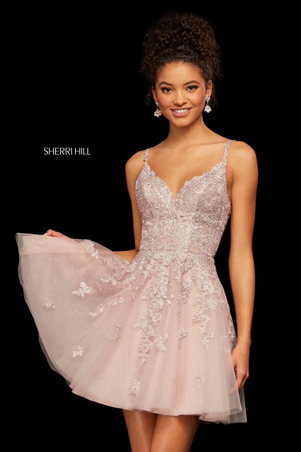 sherri hill Metallic lace and tulle A-line cocktail dress with sweetheart neckline and corset style lace up back