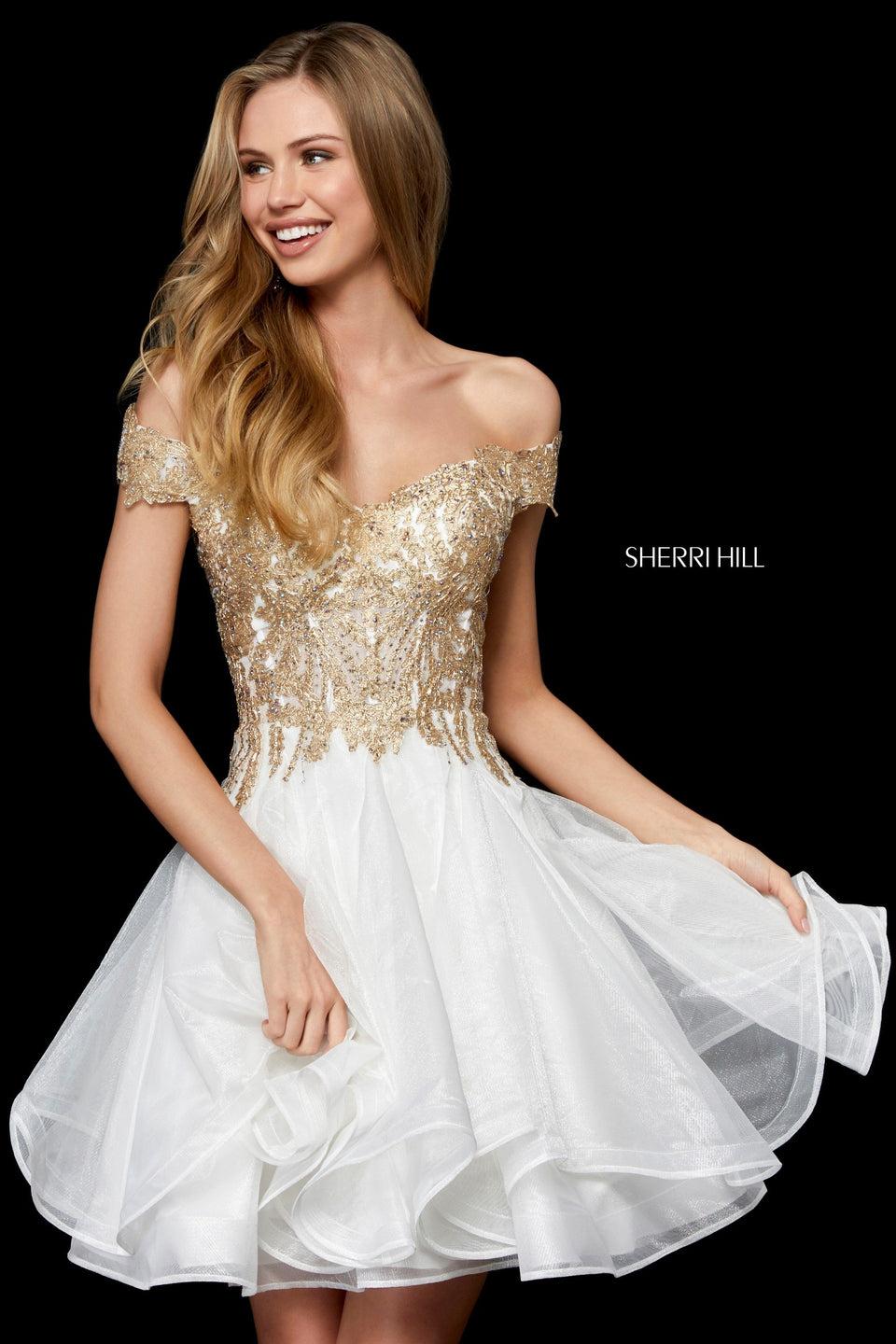 sherri hill Metallic lace bodice with off-the-shoulder straps and ruffle organza cocktail skirt