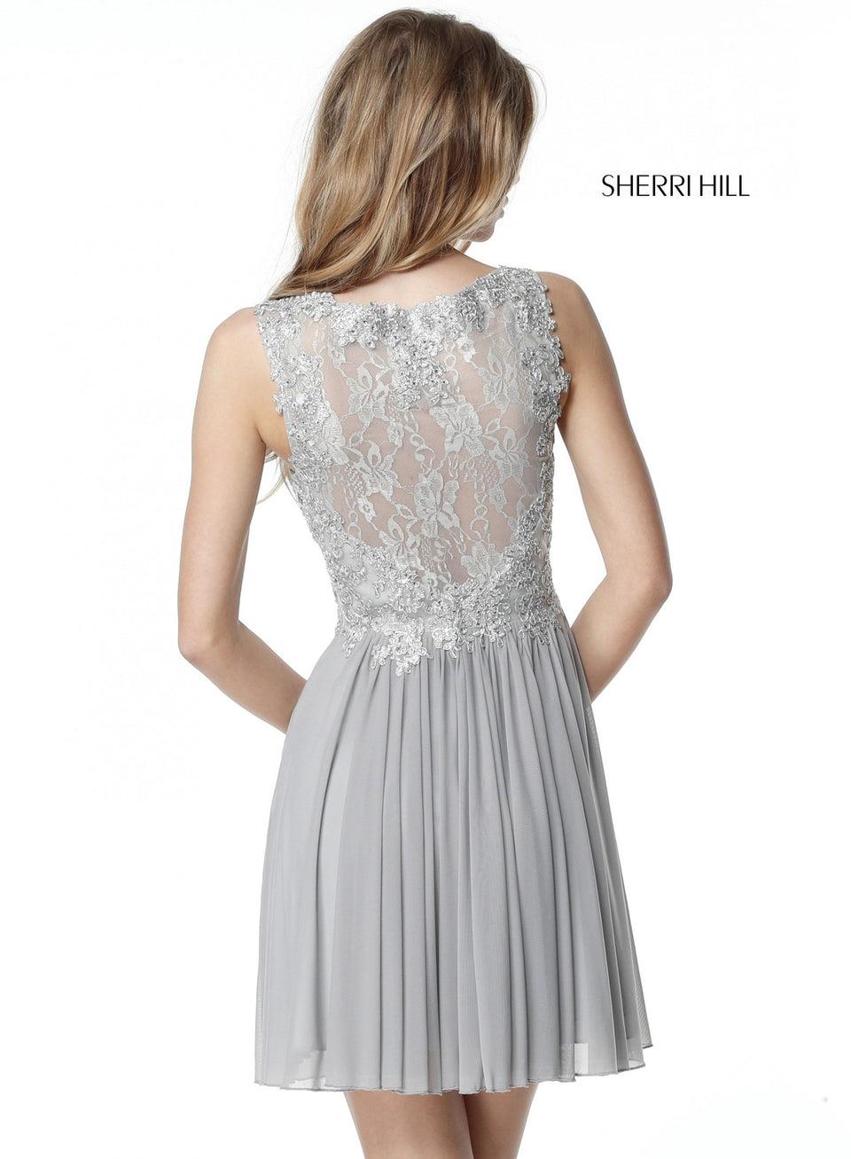 Sherri Hill Metallic Lace Bodice With V Neck Bodice And Chiffon Skirt