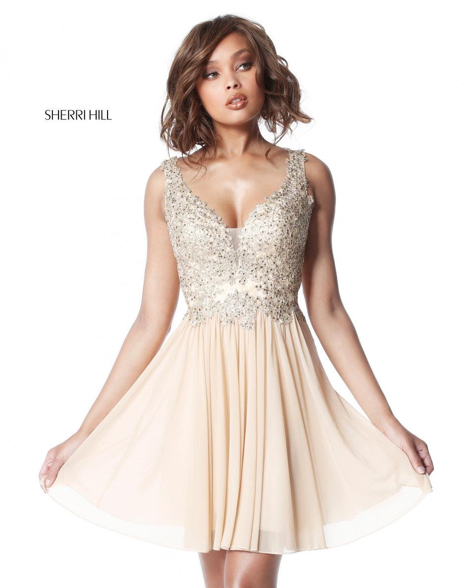 Sherri Hill Metallic Lace Bodice With V Neck Bodice And Chiffon Skirt