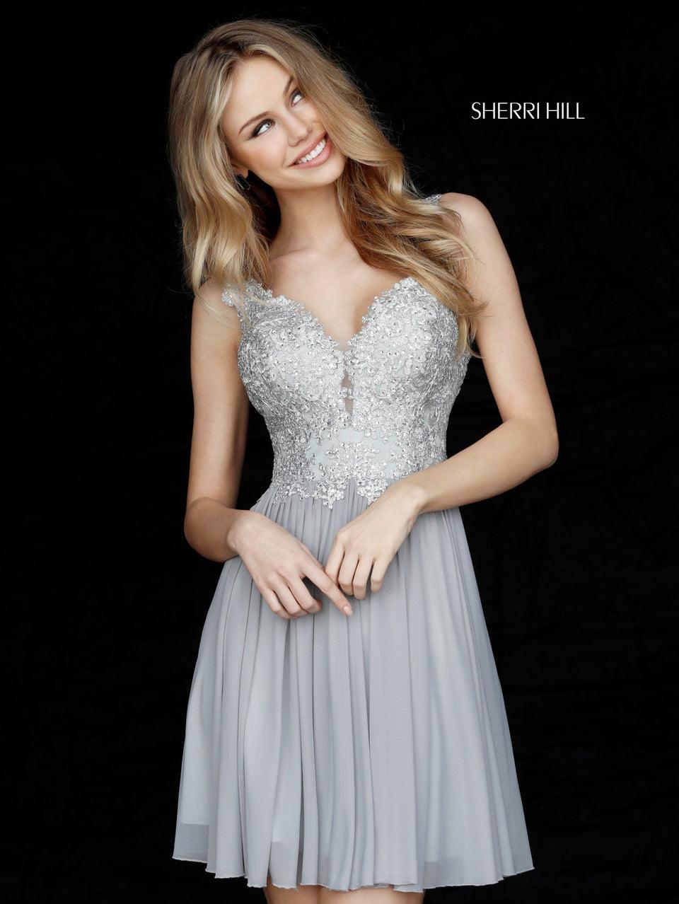 sherri hill Metallic lace bodice with V neck bodice and chiffon skirt