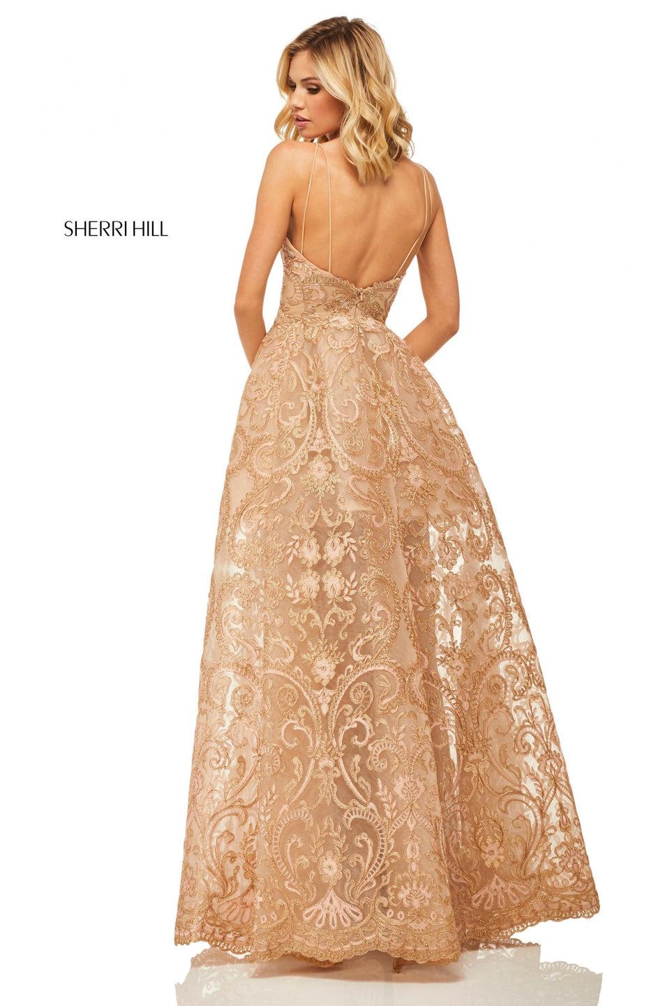 Sherri Hill Metallic Lace Fitted Gown With Overskirt