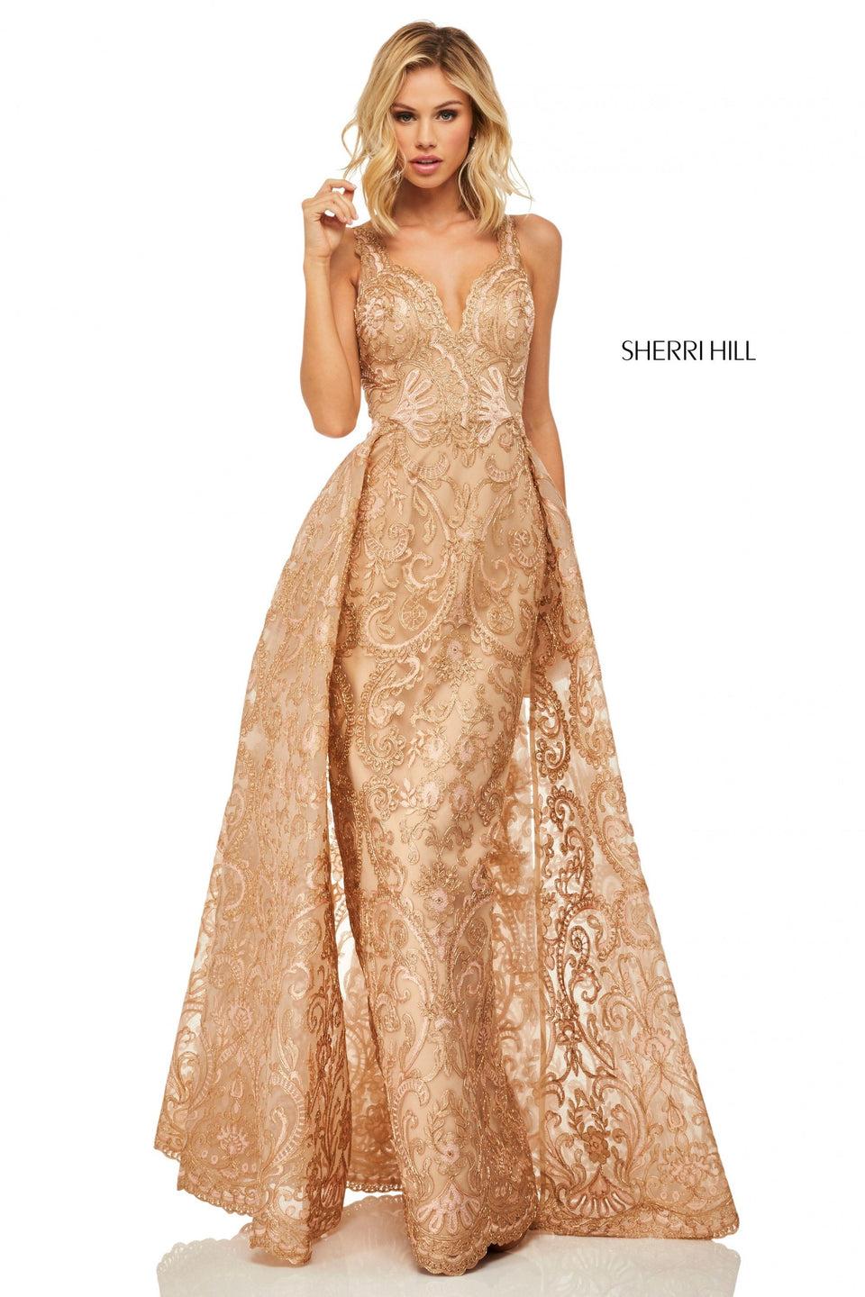 Sherri Hill Metallic Lace Fitted Gown With Overskirt