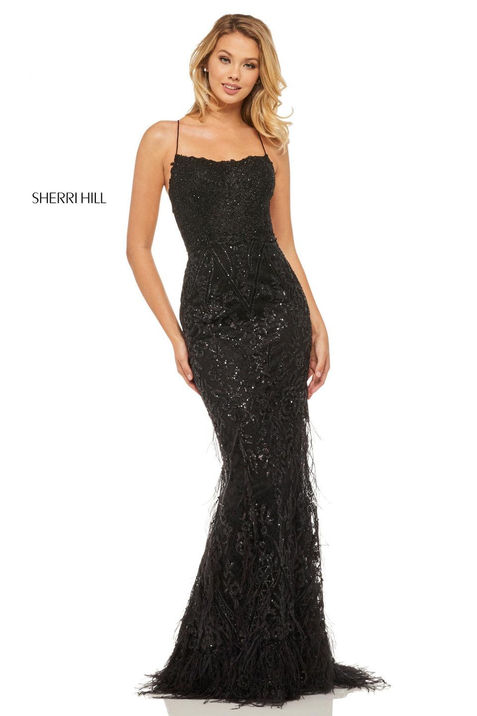 Sherri Hill Metallic Lace Mermaid With Feather On The Skirt And A Lace Up Back