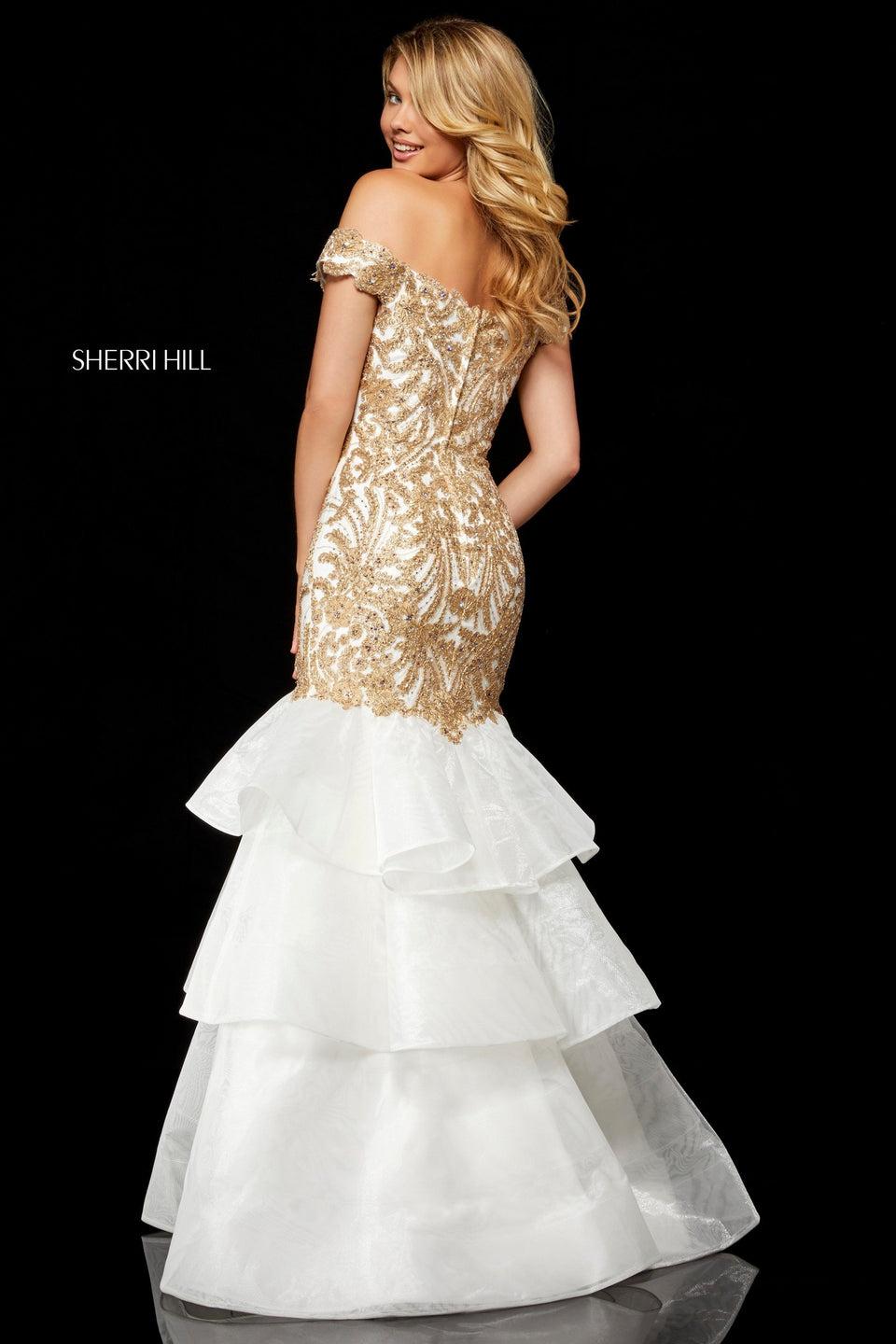 Sherri Hill Metallic Lace Mermaid With Layered Tulle Skirt And Off-the-shoulder Bodice