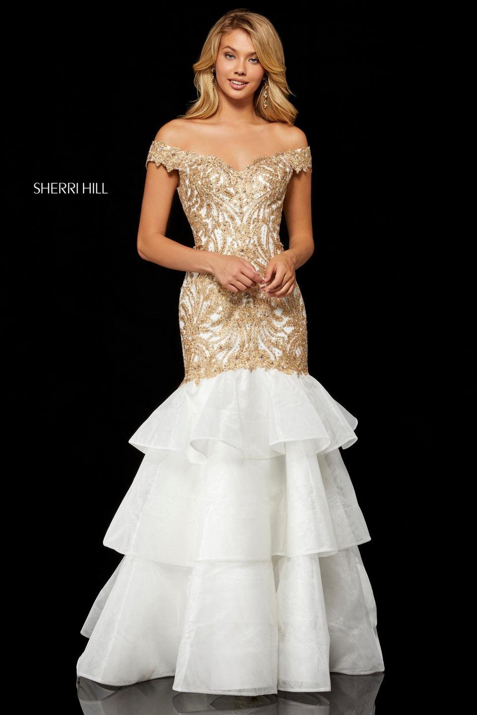 sherri hill Metallic lace mermaid with layered tulle skirt and off-the-shoulder bodice