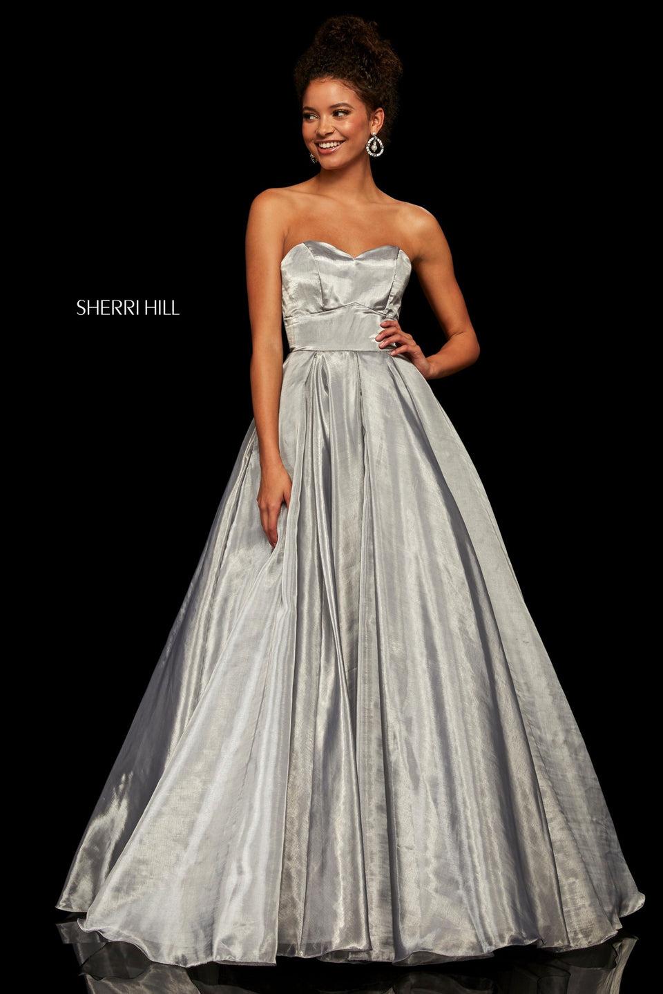 sherri hill Metallic organza ball gown with sweetheart neckline and corset style back