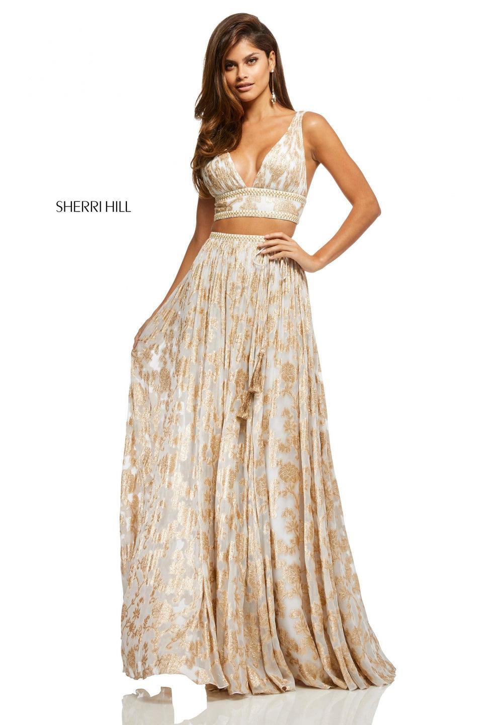 sherri hill Metallic print two-piece with plunging neckline bodice sherri hill Metallic print two-piece with plunging neckline bodice