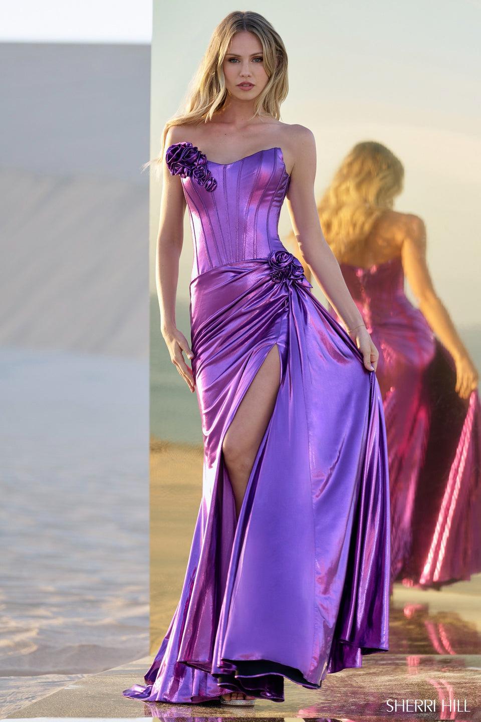 Sherri Hill Metallic Strapless Gown With Skirt Slit