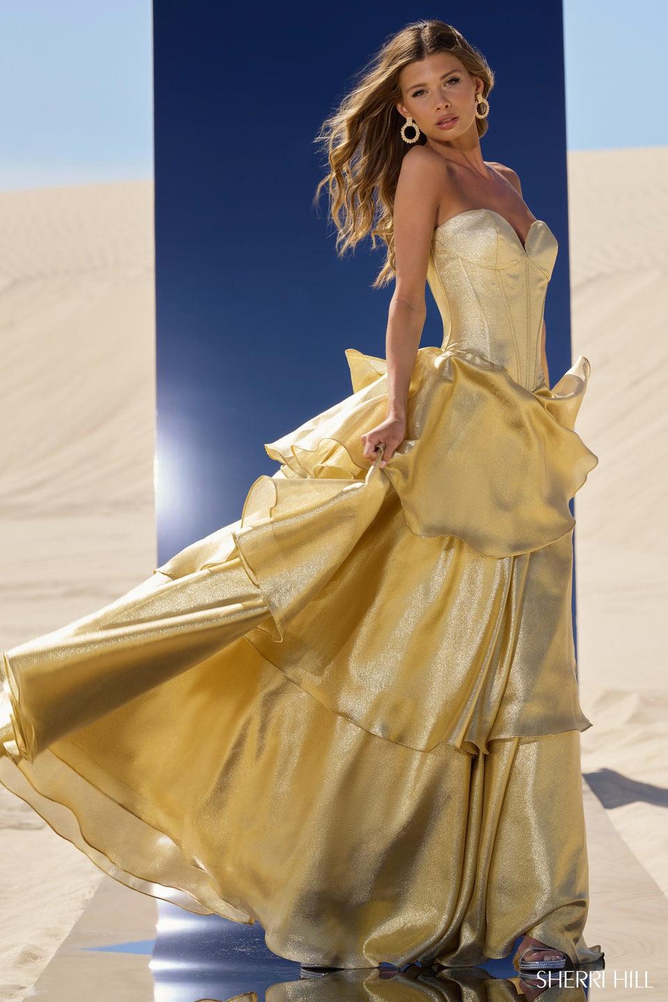 Sherri Hill Metallic Strapless Ruffle Gown With Skirt Slit