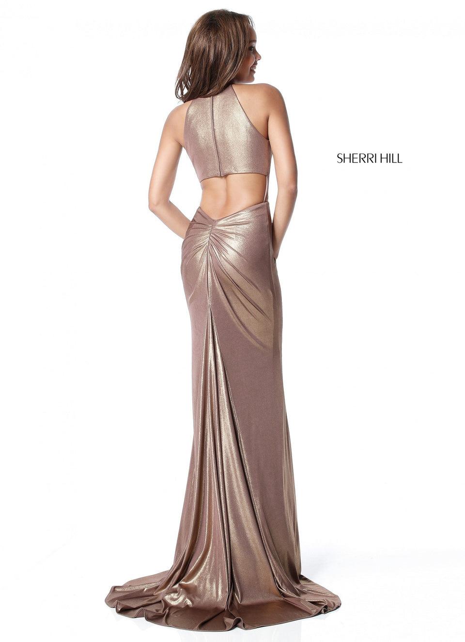 Sherri Hill Metallic Stretch Scuba Mermaid With Beaded High Neck And Keyhole Back