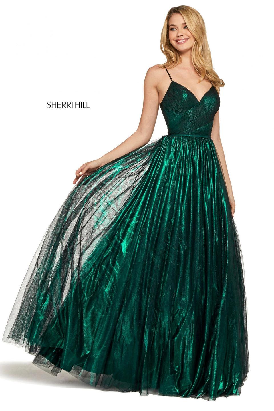 Sherri Hill Metallic Tulle A-line Dress With Ruched Wrap Bodice With Lace Up Back