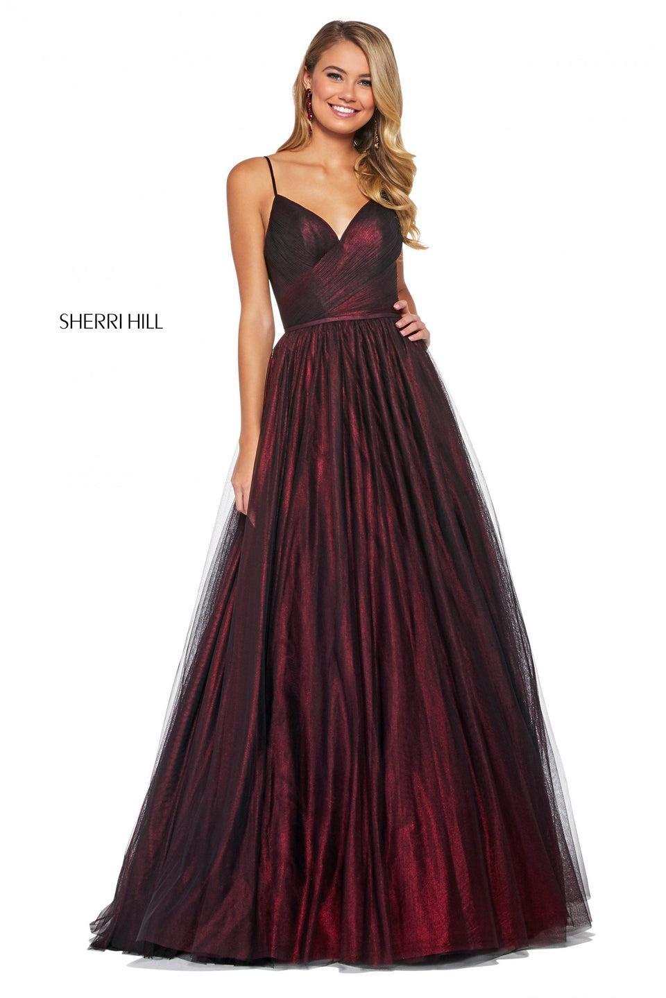 sherri hill Metallic tulle A-line dress with ruched wrap bodice with lace up back