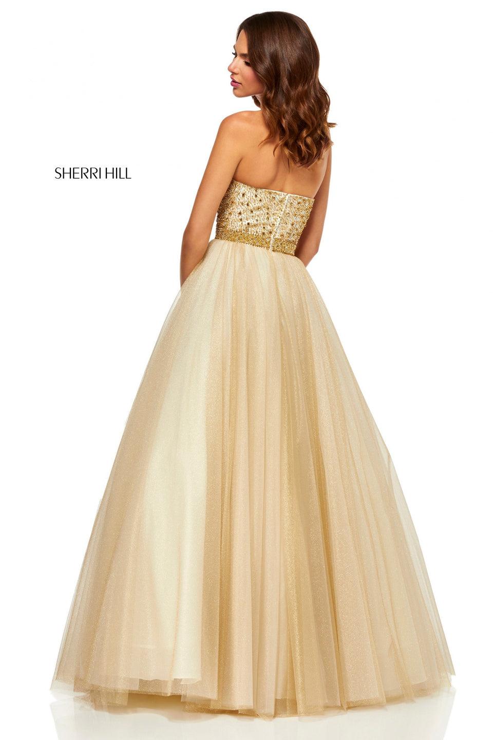 Sherri Hill Metallic Tulle Ball Gown With A Strapless Beaded Bodice And Waistband