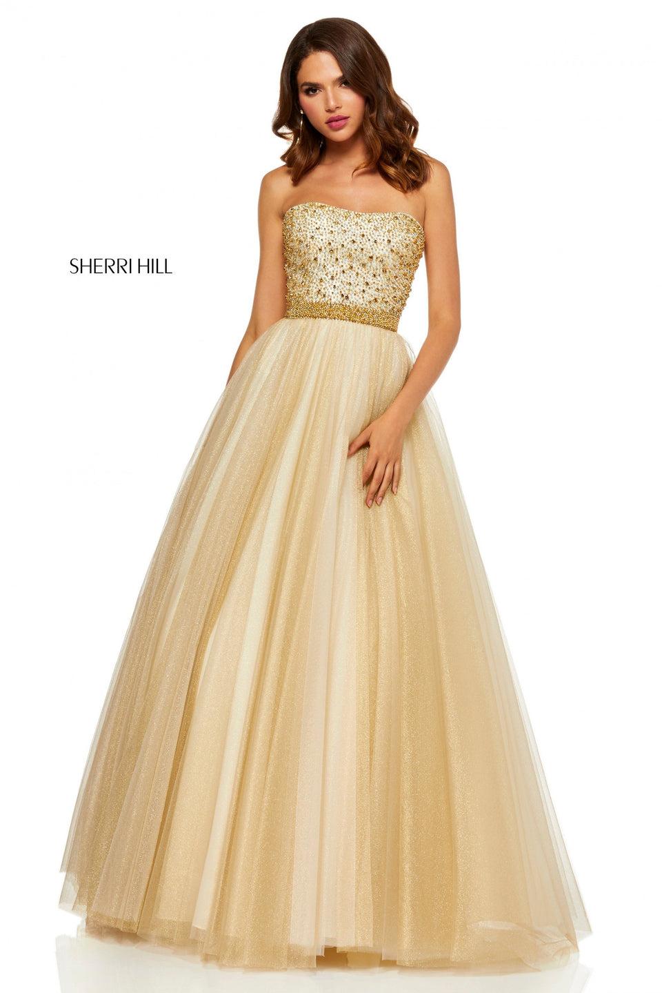 Sherri Hill Metallic Tulle Ball Gown With A Strapless Beaded Bodice And Waistband