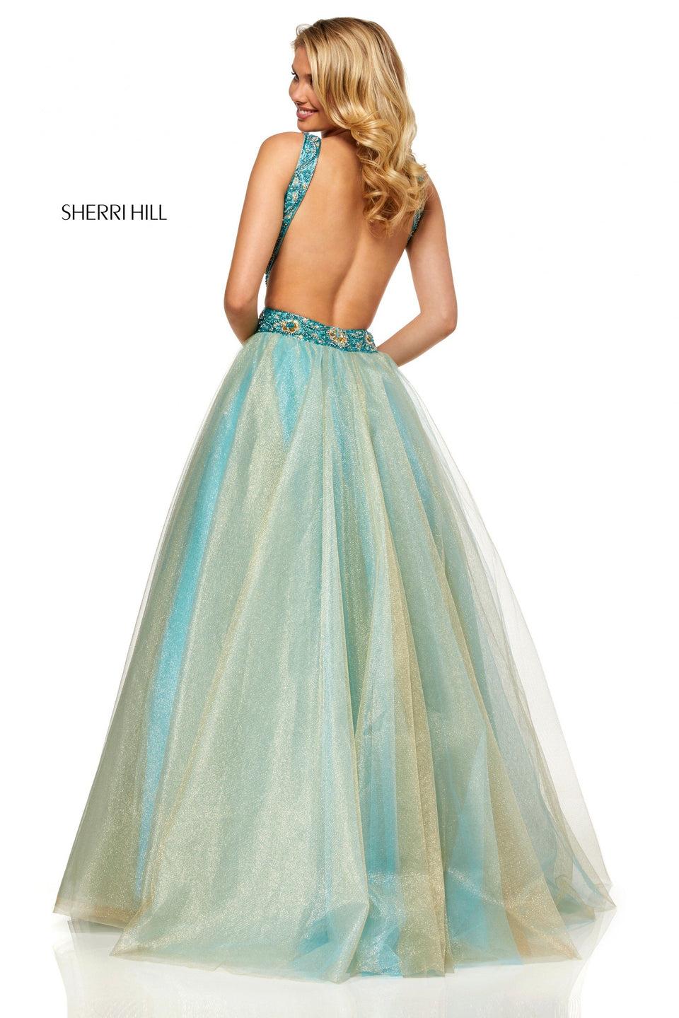 Sherri Hill Metallic Tulle Ball Gown With Beaded Cut Out Sides And Open Back