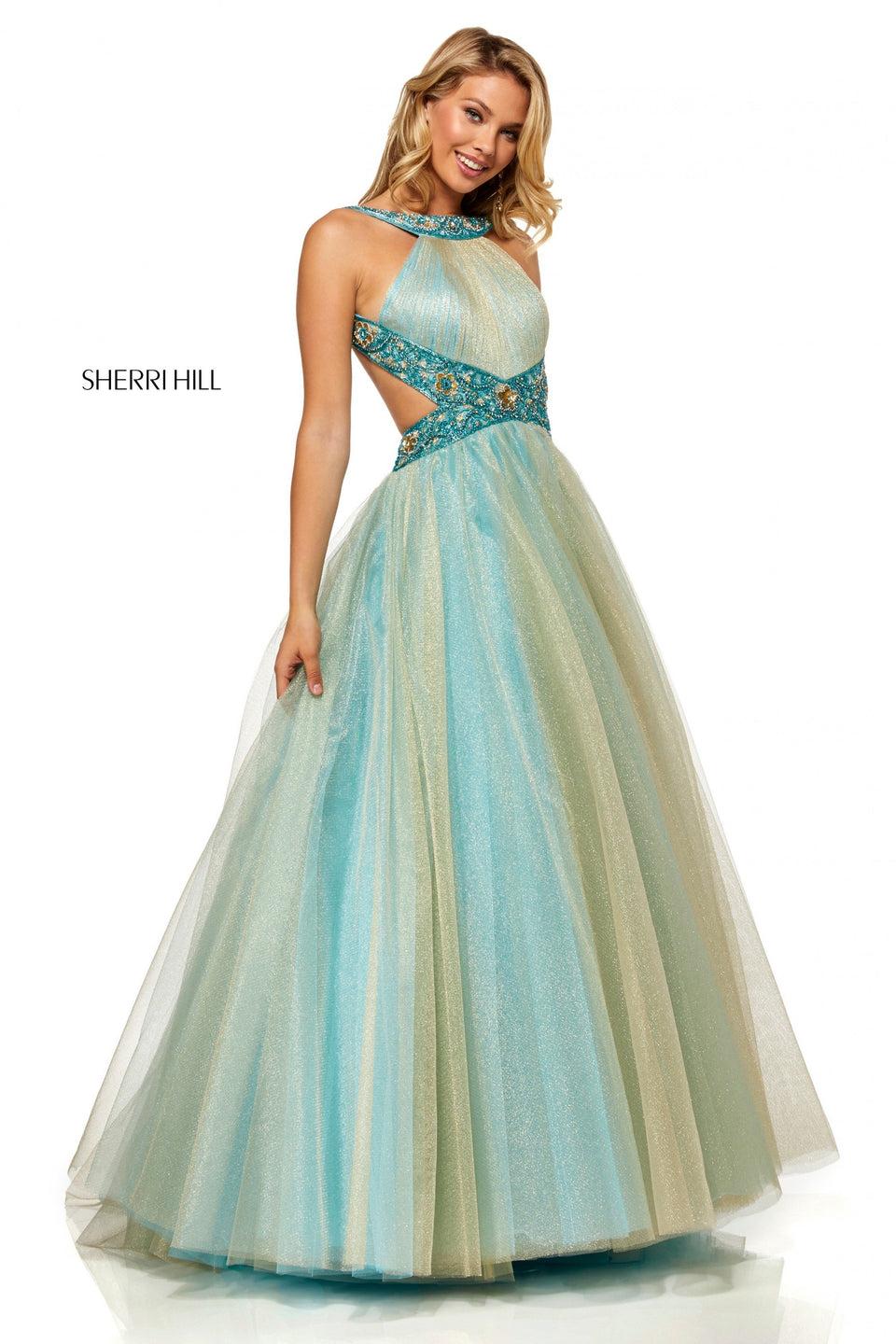 sherri hill Metallic tulle ball gown with beaded cut out sides and open back